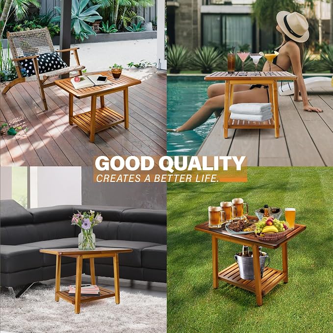 ENKEZI Acacia 24 Inches Outdoor Side Table, 2-Tier Sturdy Patio, End Table - Image 6