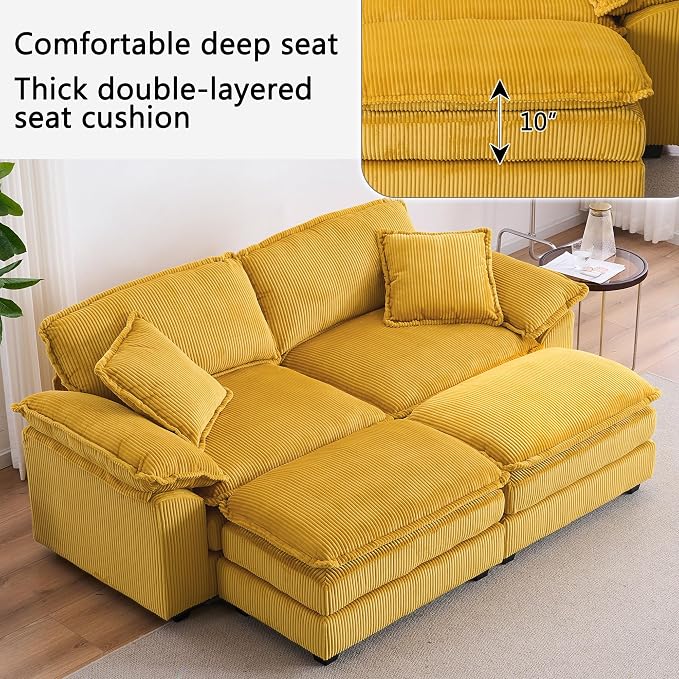 84.6” Corduroy Loveseat with Ottoman, Oversized Double Chaise Lounge Chair - Image 6