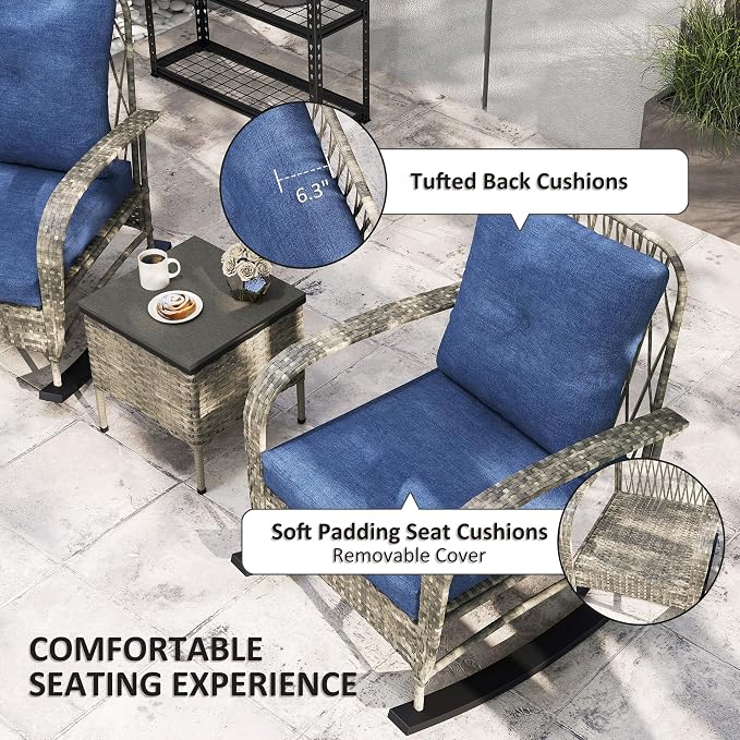 Outsunny 3 Piece Wicker Patio Furniture Set, PE Rattan Rocking Chairs - Image 5