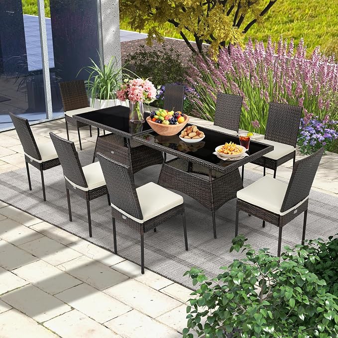 Tangkula 10 Pieces Wicker Patio Dining Set, Outdoor Rattan Table & Chairs Set - Image 3