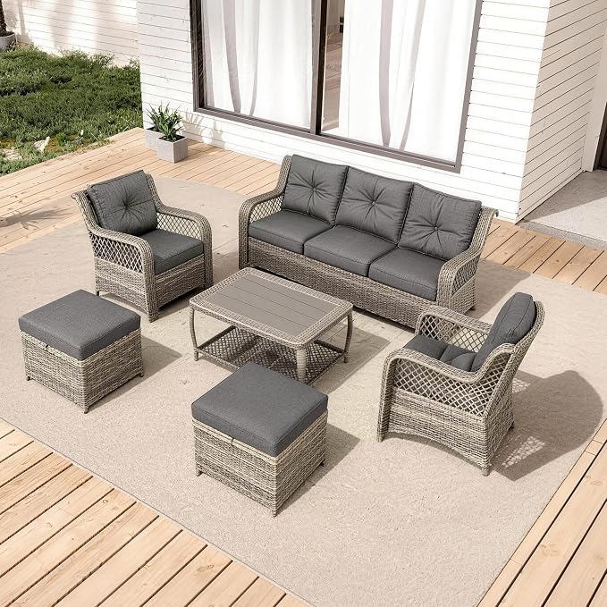 HOMREST 6 Piece Patio Furniture Set, Wicker Outdoor Conversation Sofa Set w/ 2 by HOMREST