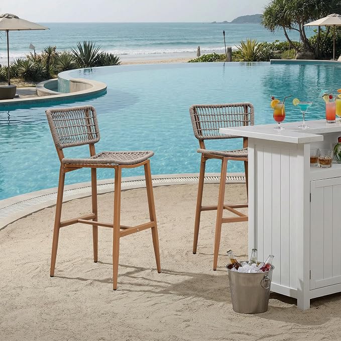 PURPLE LEAF Bar Stools Set of 2 Patio Wicker Bar Height Metal Chairs Boho by PURPLELEAF