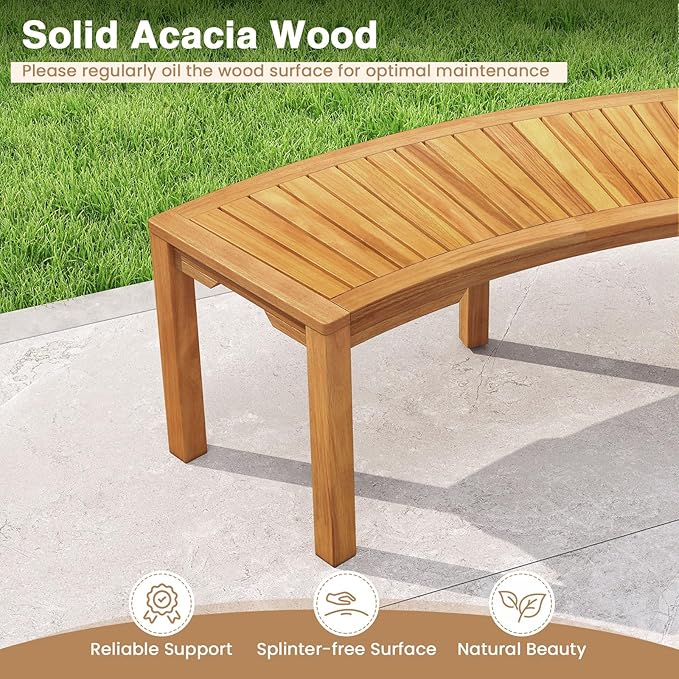 Tangkula Outdoor Curved Bench, Acacia Wood Fire Pit Bench w/Slatted Seat - Image 6