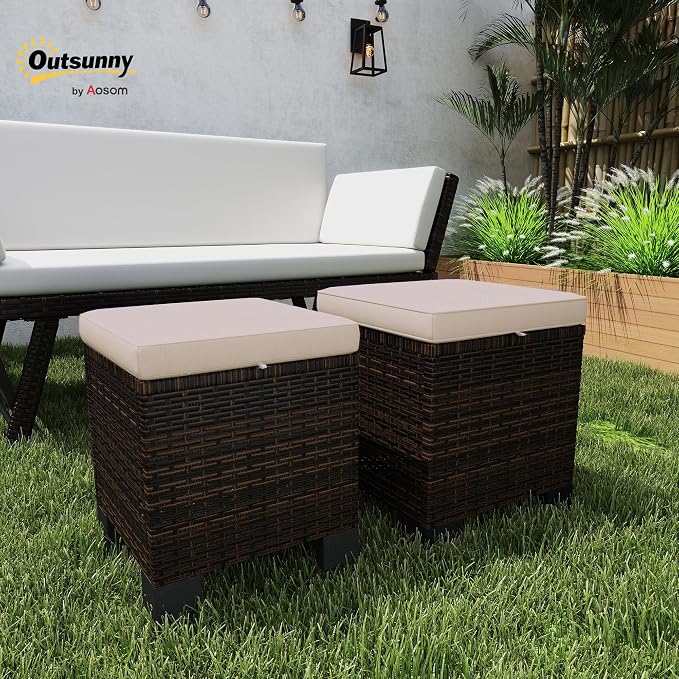 Outsunny 2 Pieces Outdoor Patio Ottomans, All Weather Wicker Outdoor Footstools - Image 2