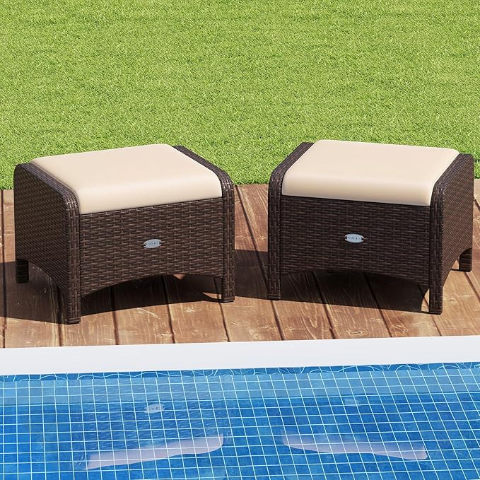 Tangkula 2 Pieces Outdoor Patio PE Wicker Ottomans - Image 2