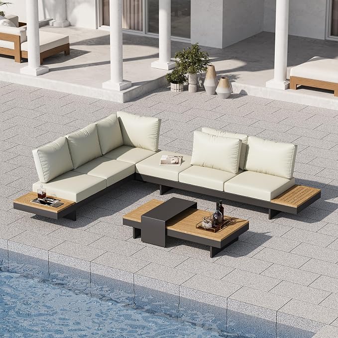 homary 6 Piece Aluminum & Teak Outdoor Sofa Set, Patio Sofa Seat L-Shaped - Image 7