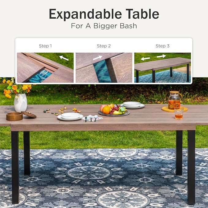 PHI VILLA Outdoor Metal Expandable Dining Table, Wood-Like Wrought Iron - Image 6