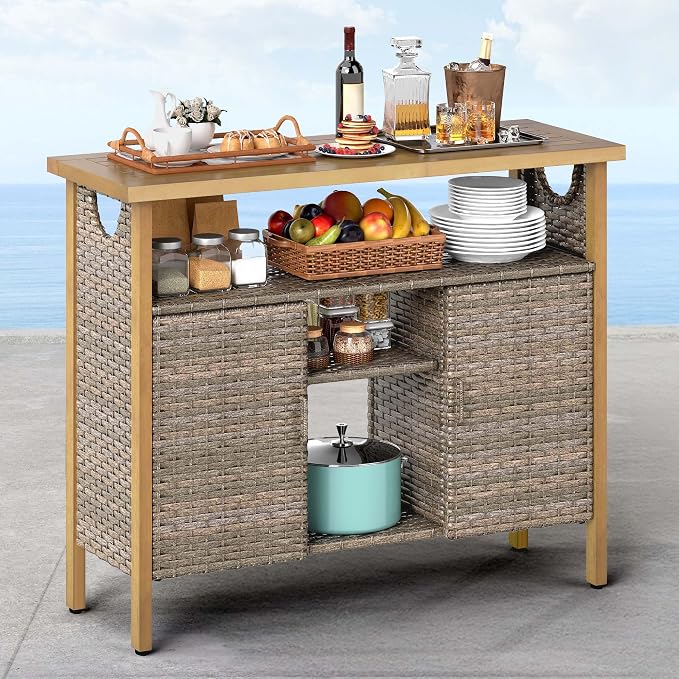 DWVO XL Patio Storage Cabinet, Wicker Outdoor Bar Table - Image 4