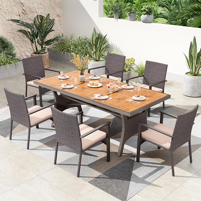PHI VILLA Outdoor Dining Set for 6, Rectangular Rattan Table by PHIVILLAThepioneerofcomfortablehouseholdsupplies