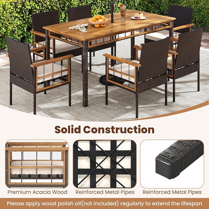 Tangkula 7 Pieces Wicker Patio Dining Set, Outdoor Acacia Wood Rectangular Table - Image 8