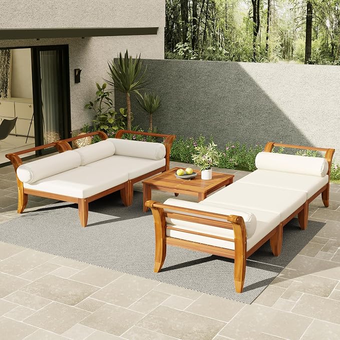 6 Piece Acacia Wood Patio Sofa Set, Outdoor Modular Sectional Garden Furniture - Image 2