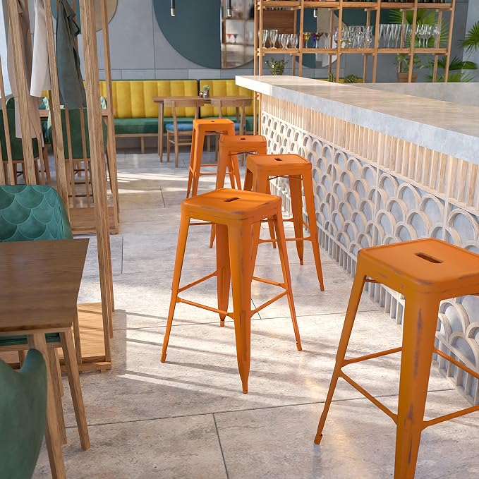 Flash Furniture Kai Commercial Grade 4 Pack 30" High Backless Distressed Orange - Image 2