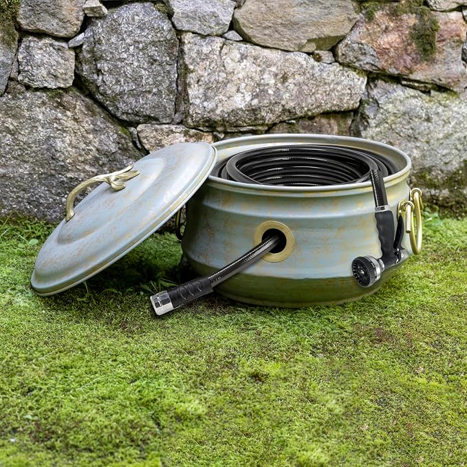 Sedona Hose Pot with Lid, Brass Accents, holds up to 100-Feet of Hose By Good - Image 6
