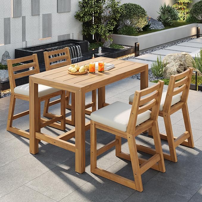 Merax 5-Piece Outdoor Patio Bar Set, Acacia Wood Bistro Table and Chairs by Merax