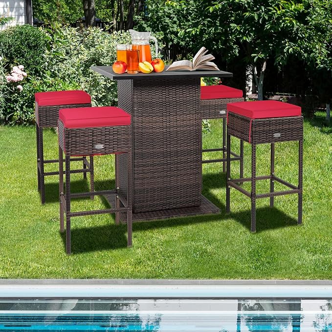 HAPPYGRILL 5 Pieces Rattan Bar Set, Outdoor Wicker Bar Table and 4 Bar Stools - Image 2