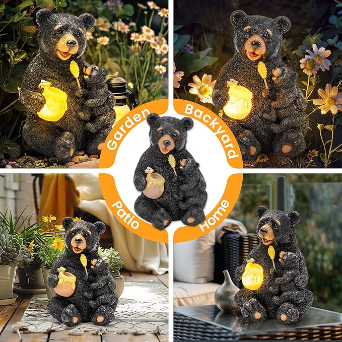 GIGALUMI Solar Garden Statues Bears 9", Loving Black Bear Decor, Yard - Image 2