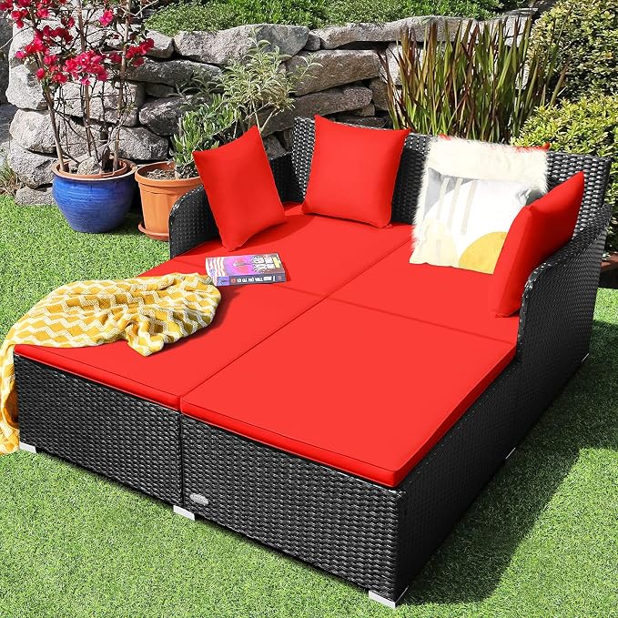 HAPPYGRILL Outdoor Rattan Daybed Patio Loveseat Sofa Set - Image 4