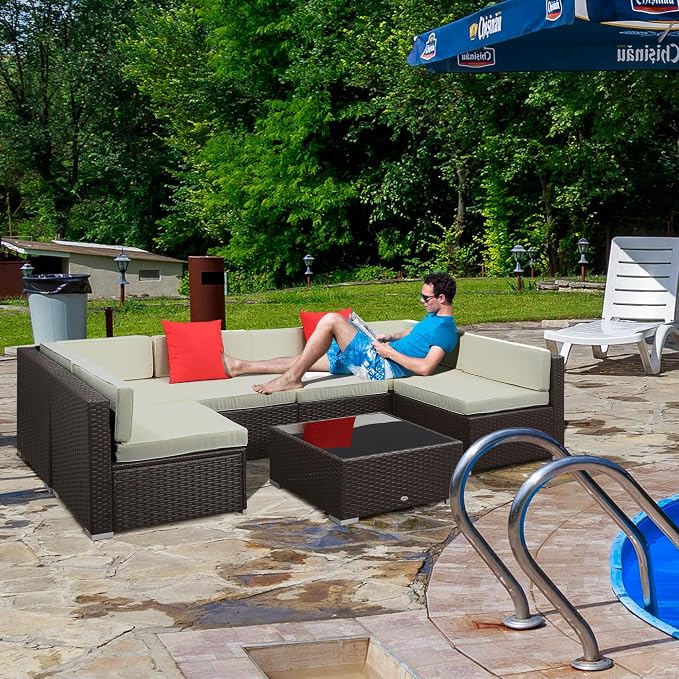 Outsunny 7 Piece Patio Furniture Set, Wicker Outdoor Sectional Sofa Set - Image 2