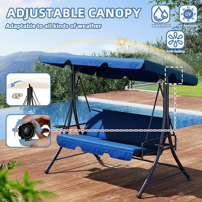 3 Seat Patio Swing with Canopy, Outdoor Porch Swing with Stand - Image 2
