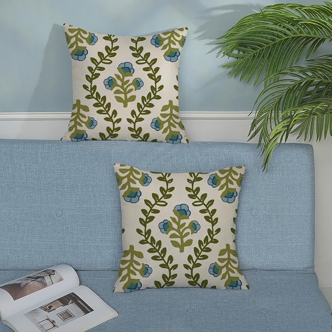 Sage Green Boho Pillow Covers 16x16 Inch 2 Pcs Blue Green Floral Leaves Decor - Image 3