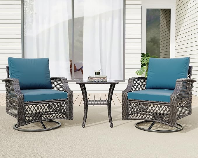 HOMREST 3 Piece Outdoor Swivel Chair Set, Wicker Patio Bistro Set - Image 8