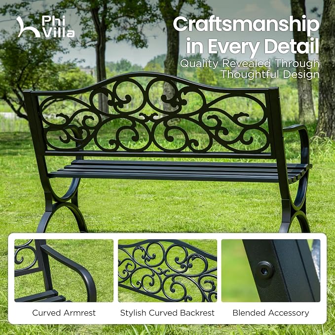 PHI VILLA 50-Inch Cast Iron Steel Frame Garden Bench Outdoor Patio Bench Chair - Image 9