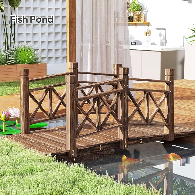 5FT Wooden Garden Bridge with Handrails, Decorative Landscape Footbridge - Image 4