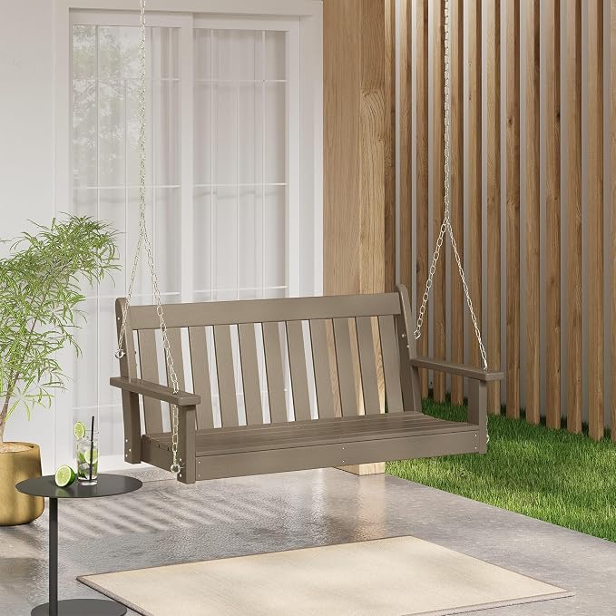 COSTAELM Paradise Outdoor Patio HDPE Hanging Front Porch Swing Bench, Weathered - Image 2