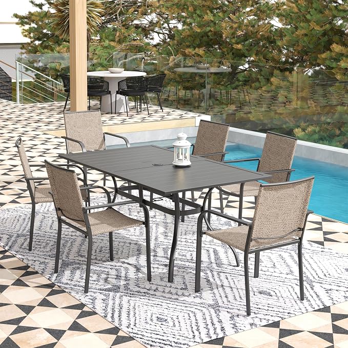 7-Piece Outdoor Dining Set, Patio Powder Coated Steel Table - Image 3