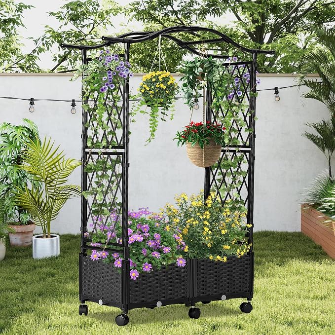 Planter Box with Trellis Outdoor, Plastic Raised Garden Bed Trellis Planter Box - Image 2