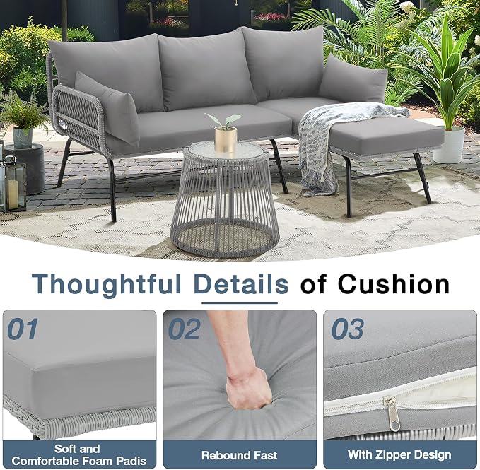 EROMMY 3 Piece Boho Patio Conversation Sets, L-Shaped Sectional Patio Furniture - Image 5