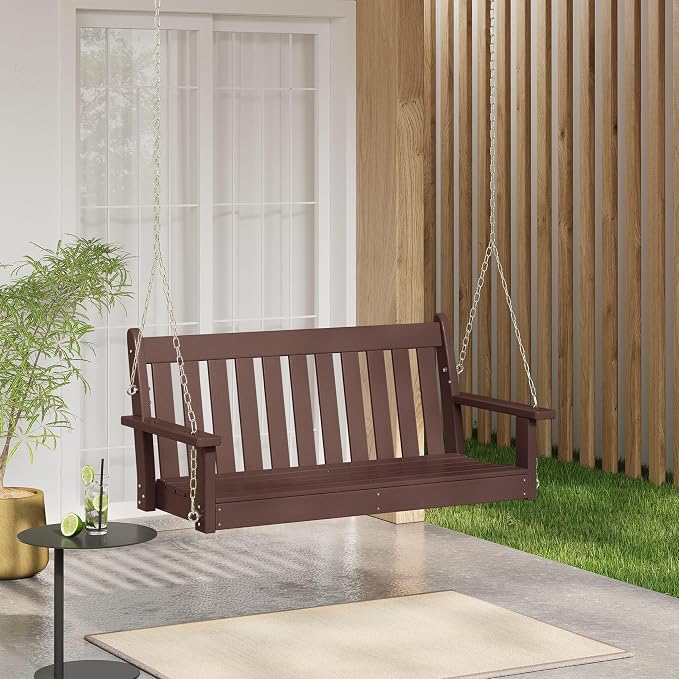 COSTAELM Paradise Outdoor Patio HDPE Hanging Front Porch Swing Bench, Dark Brown - Image 2