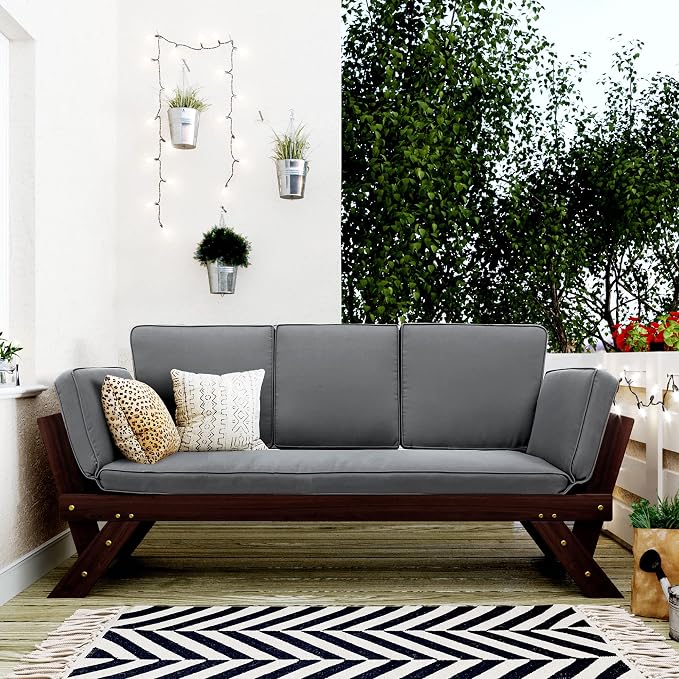Merax Patio Sofa, Outdoor Adjustable Wooden Daybed, Chaise Lounge - Image 3