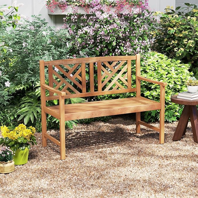 HAPPYGRILL Outdoor Wood Bench, 2-Seat Acacia Wood Loveseat Chair w/Slatted Seat - Image 2