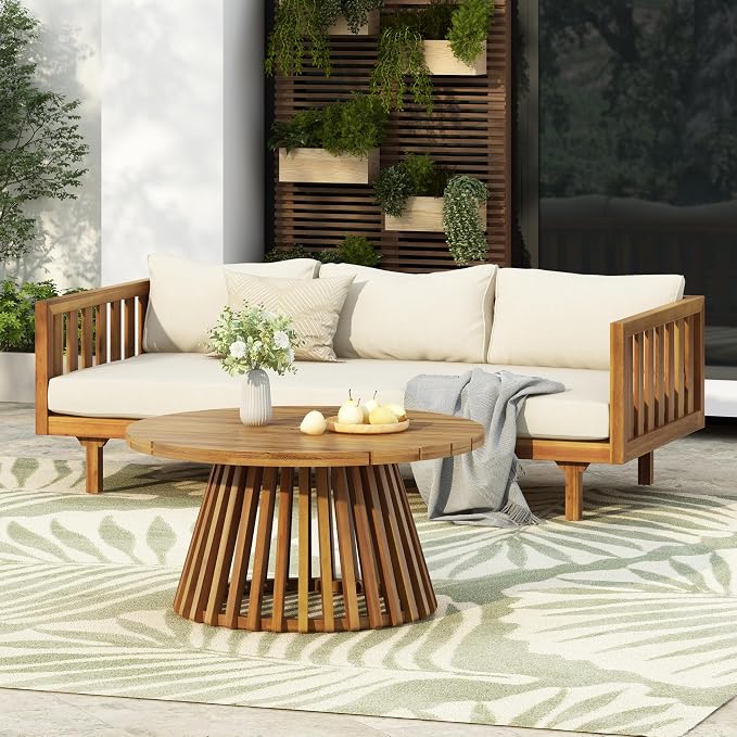 Merax Outdoor Acacia Wood Conversation Set, 3-Seat Loveseat Sofa w/Coushion and - Image 2
