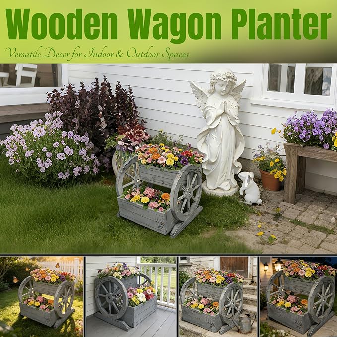 NestNature Wooden Wagon Planter Box, Raised Garden Bed, Decorative Garden - Image 4