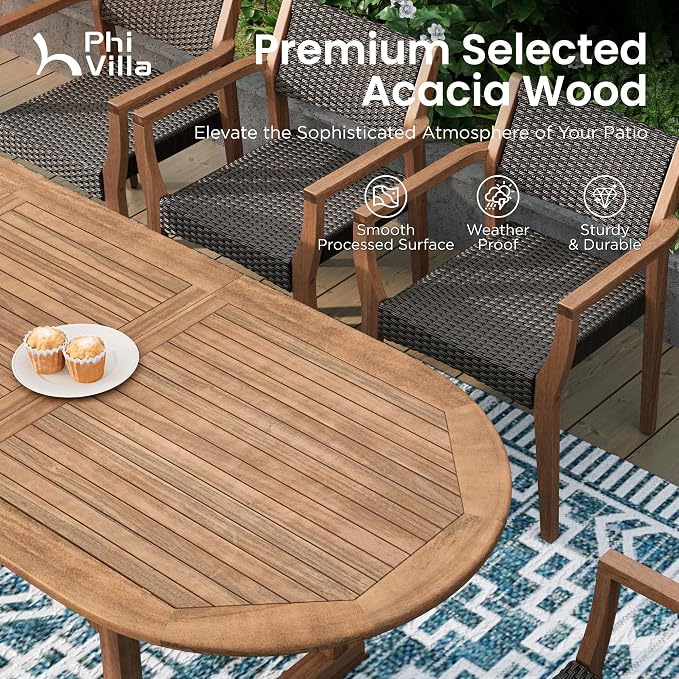 PHI VILLA 7 Pieces Acacia Wood Outdoor Dining Set - Image 3