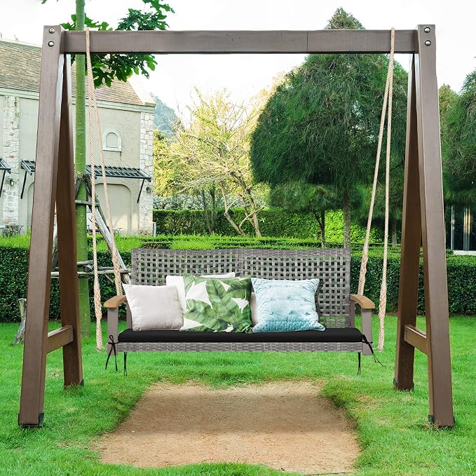 Happygrill 2-Person Patio Porch Swing Chair, Outdoor Rattan Swing Bench - Image 3