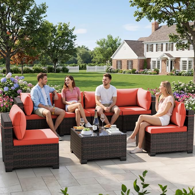 LEVELEVE 7 Pieces Outdoor Patio Furniture Sets, Rattan Conversation Sectional by Enjoyyourlife