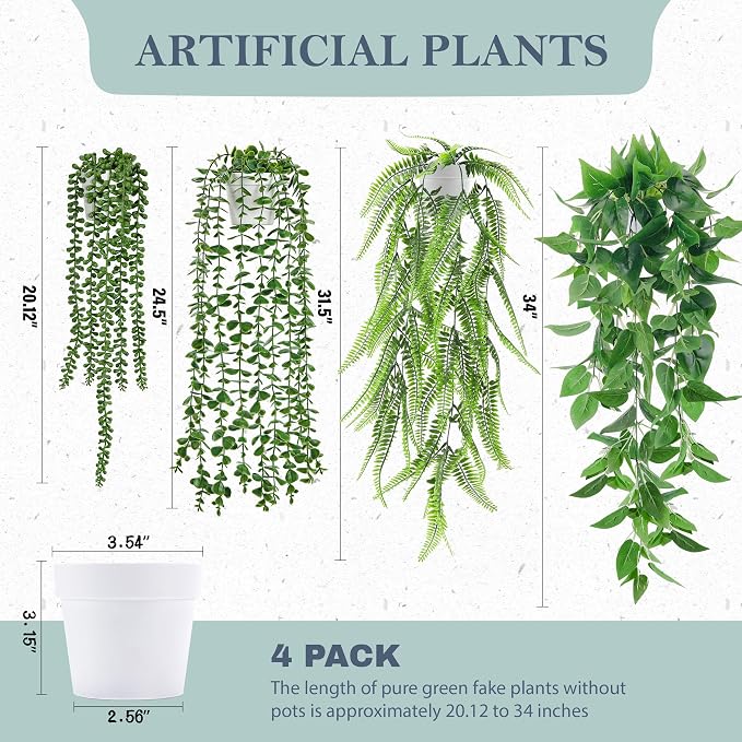 Der Rose 4Pcs Fake Plants Hanging Artificial Ivy Vine Faux Eucalyptus Hanging - Image 3