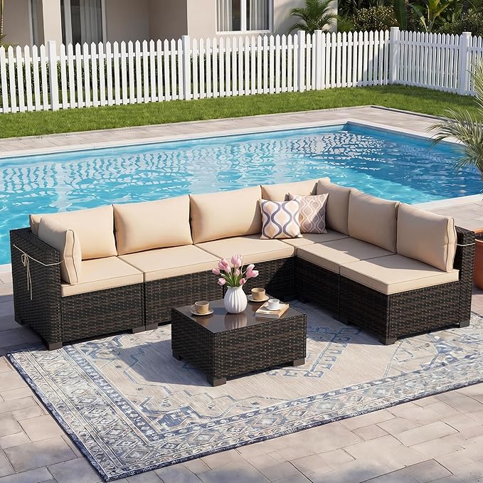 LEVELEVE 7 Pieces Outdoor Patio Furniture Sets, Rattan Conversation Sectional - Image 6