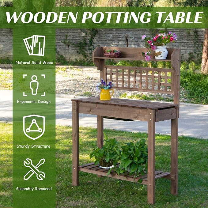 Outsunny Outdoor Potting Bench Table, Wooden Workstation - Image 3