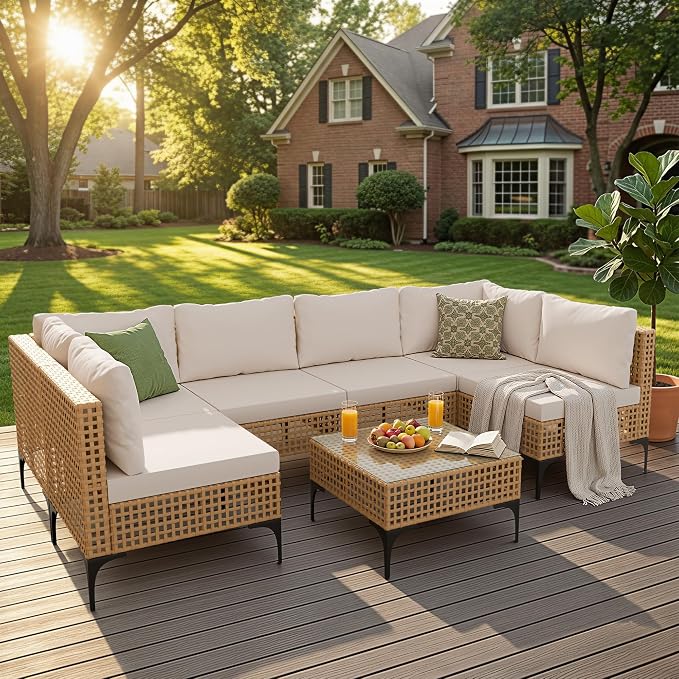 Devoko Patio Furniture Set 7 Piece Outdoor Sectional Sofa Hollow Rattan Patio - Image 5