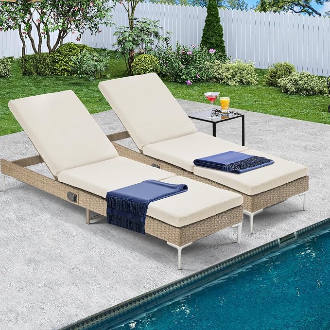 HOMREST Outdoor Chaise Lounge Chair Set of 2, Patio Wicker Lounge Chairs - Image 6