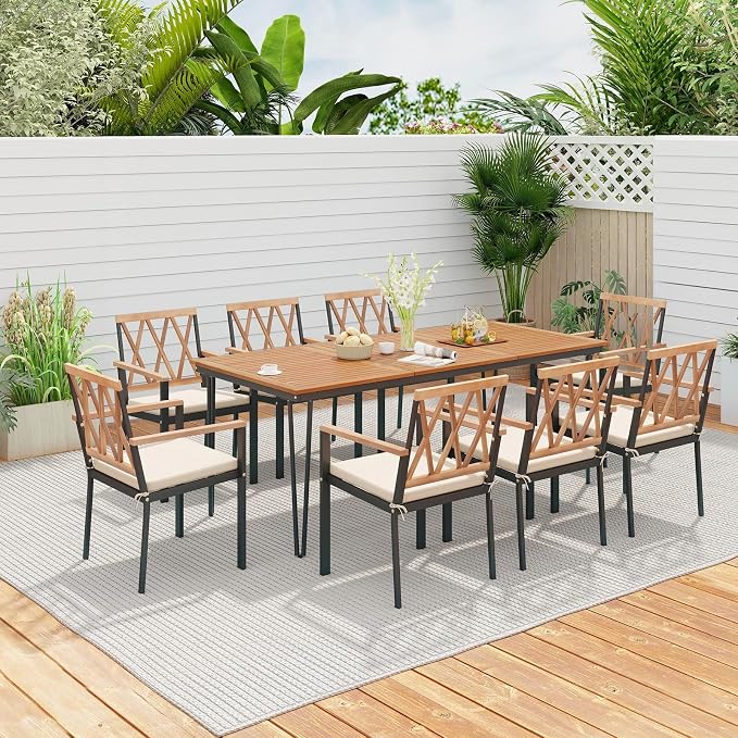 Tangkula 9 Piece Patio Dining Set, Outdoor Rectangular Dining Table w/Acacia - Image 2
