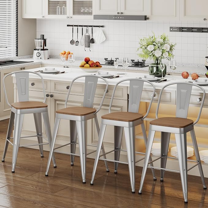 ALISH 26 Inch Industrial Bar Stools Set of 4, High Back Metal Barstools by ALISH
