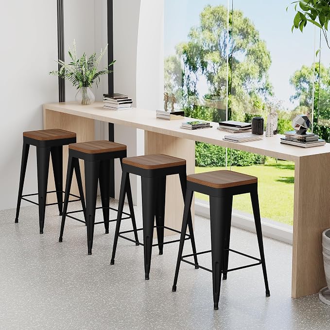Bar Stools Set of 4 Metal Bar Stool Counter Height Bar Stools Black, Modern 24" - Image 6