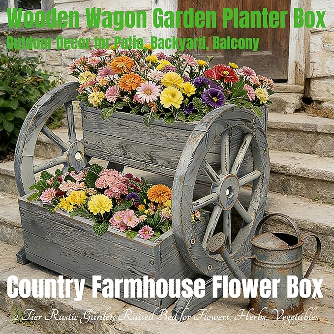 NestNature Wooden Wagon Planter Box, Raised Garden Bed, Decorative Garden - Image 7