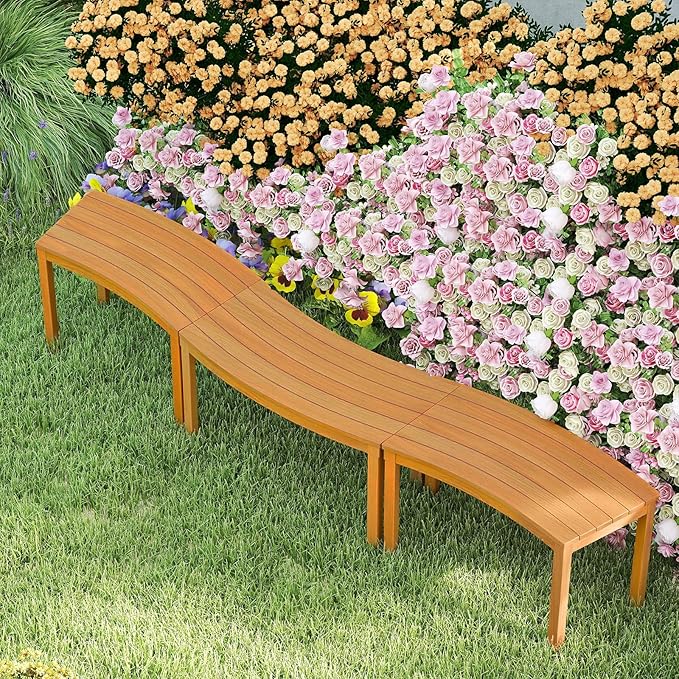 Tangkula Acacia Wood Outdoor Curved Bench Set of 3, Patio Garden Backless Fire by TANGKULA