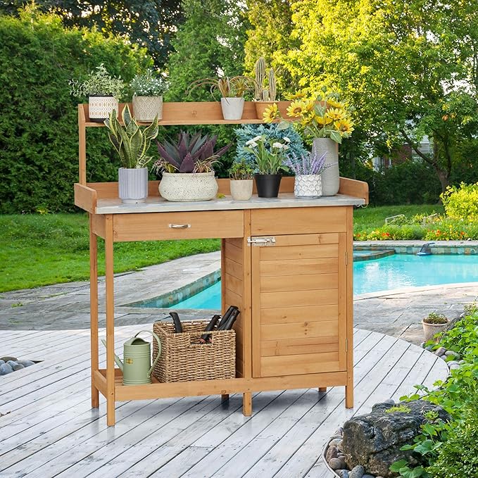Yaheetech Outdoor Garden Potting Bench Table Work Bench Metal Tabletop - Image 4